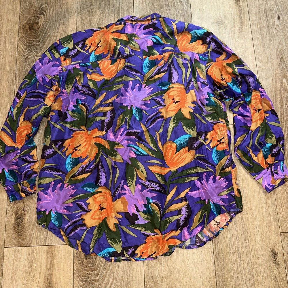 Kikomo Women's 100% Silk Floral‎ Long Sleeve Purple Floral Button Shirt Large - Picture 5 of 7